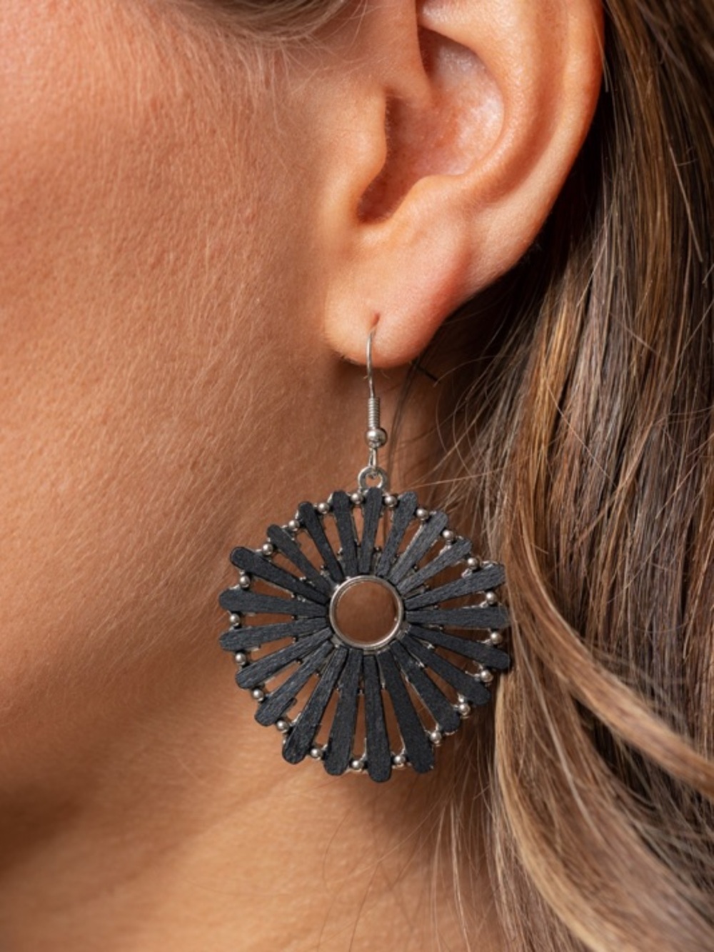 Black Wooden Sunburst Earrings